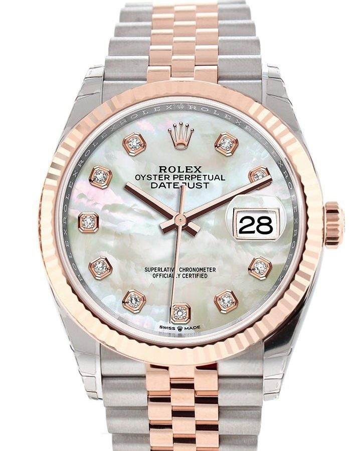 Datejust 36 White Mother-of-Pearl Set with Diamonds Dial Fluted Rose Gold Two Tone Jubilee Watch 126231 NP