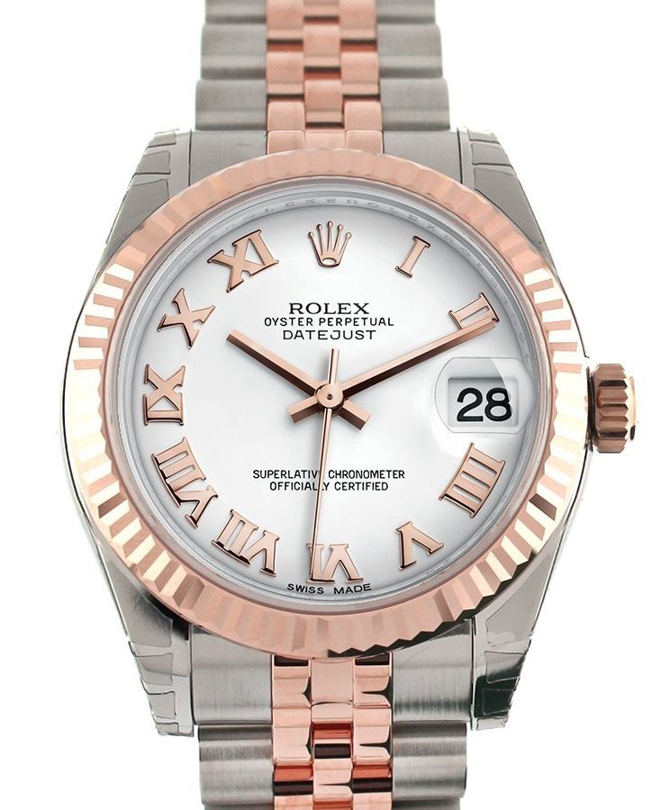 Datejust 31 White Roman Dial Fluted Bezel 18K Rose Gold Two Tone Jubilee Ladies Watch 178271