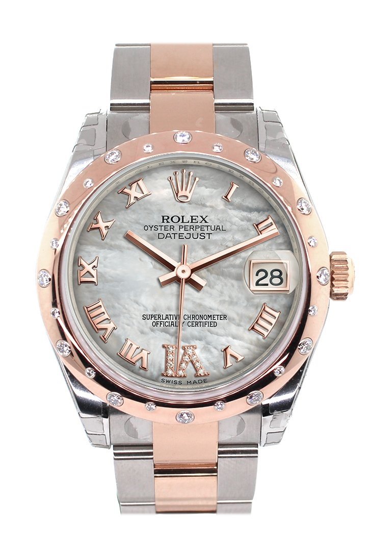 Datejust 31 White Mother of Pearl Roman Large VI set with Diamond Dial Diamond Bezel 18K Rose Gold Two Tone Ladies Watch 178341