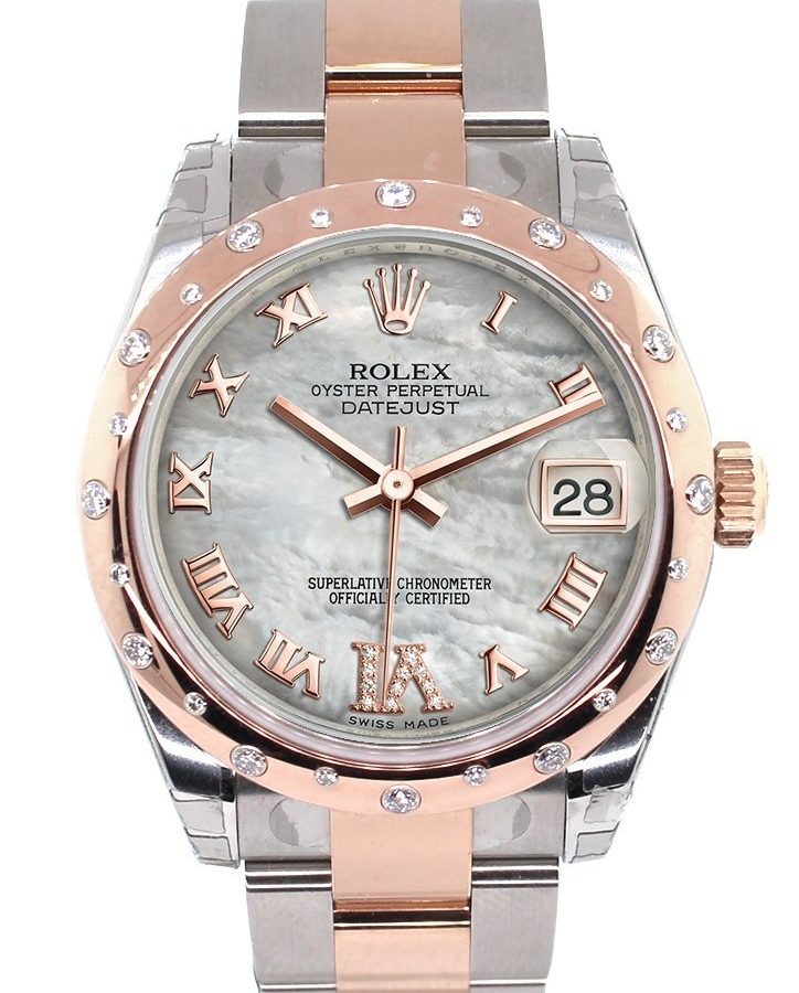 Datejust 31 White Mother of Pearl Roman Large VI set with Diamond Dial Diamond Bezel 18K Rose Gold Two Tone Ladies Watch 178341