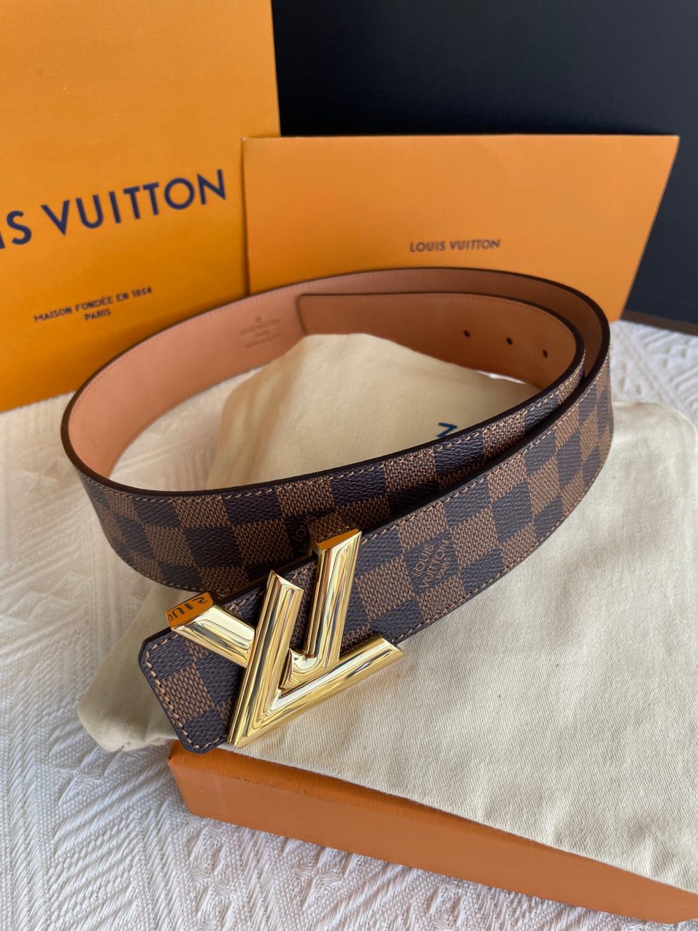 Louis Vuitton Twist Iconic Initiales LV Belt Damier Infini Canvas Brown Gold Finishing LV Women Belt - Crozus