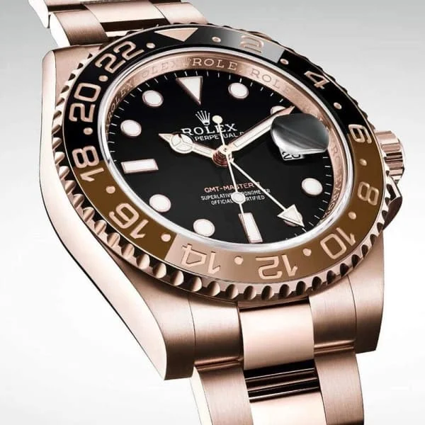 Rolex GMT-Master II 40mm Root Beer Black Dial Oyster Bracelet 18k Rose Gold Watch 126715chnr-0001