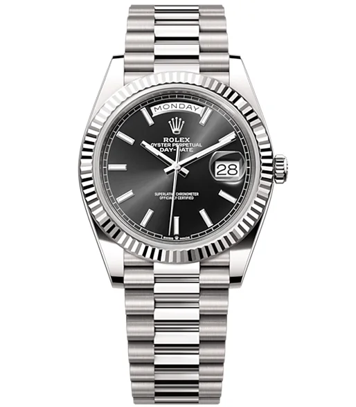 Rolex Day-Date 40 Presidential Black dial, Fluted Bezel, President bracelet, White gold Watch