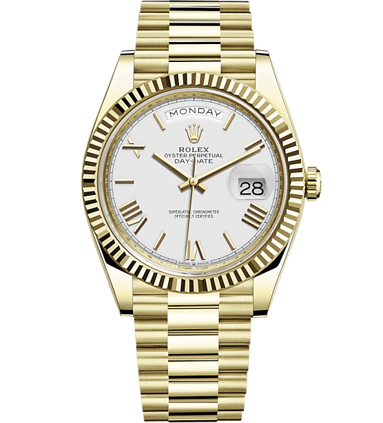 Rolex Day-Date 40 Presidential White dial, Fluted Bezel, President bracelet, Yellow gold Watch