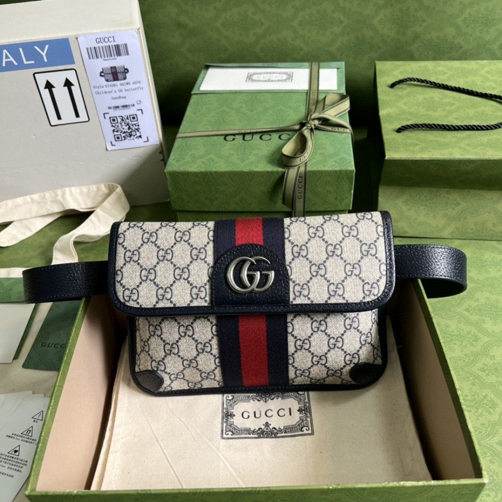 Gucci Ophidia Belt Bag Beige And Blue GG Supreme Canvas For Men 9in/22cm GG 674081 96IWN 4076 - Crozus