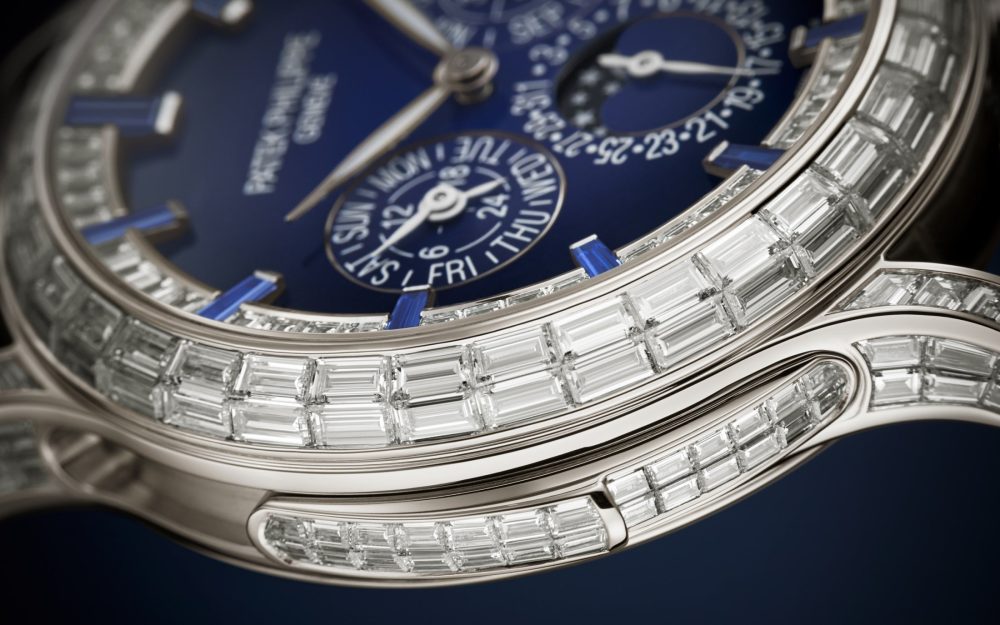 Patek Philippe Grand Complication, Platinum set with baguette diamonds and sapphires, 42mm, Ref# 5374/300P-001