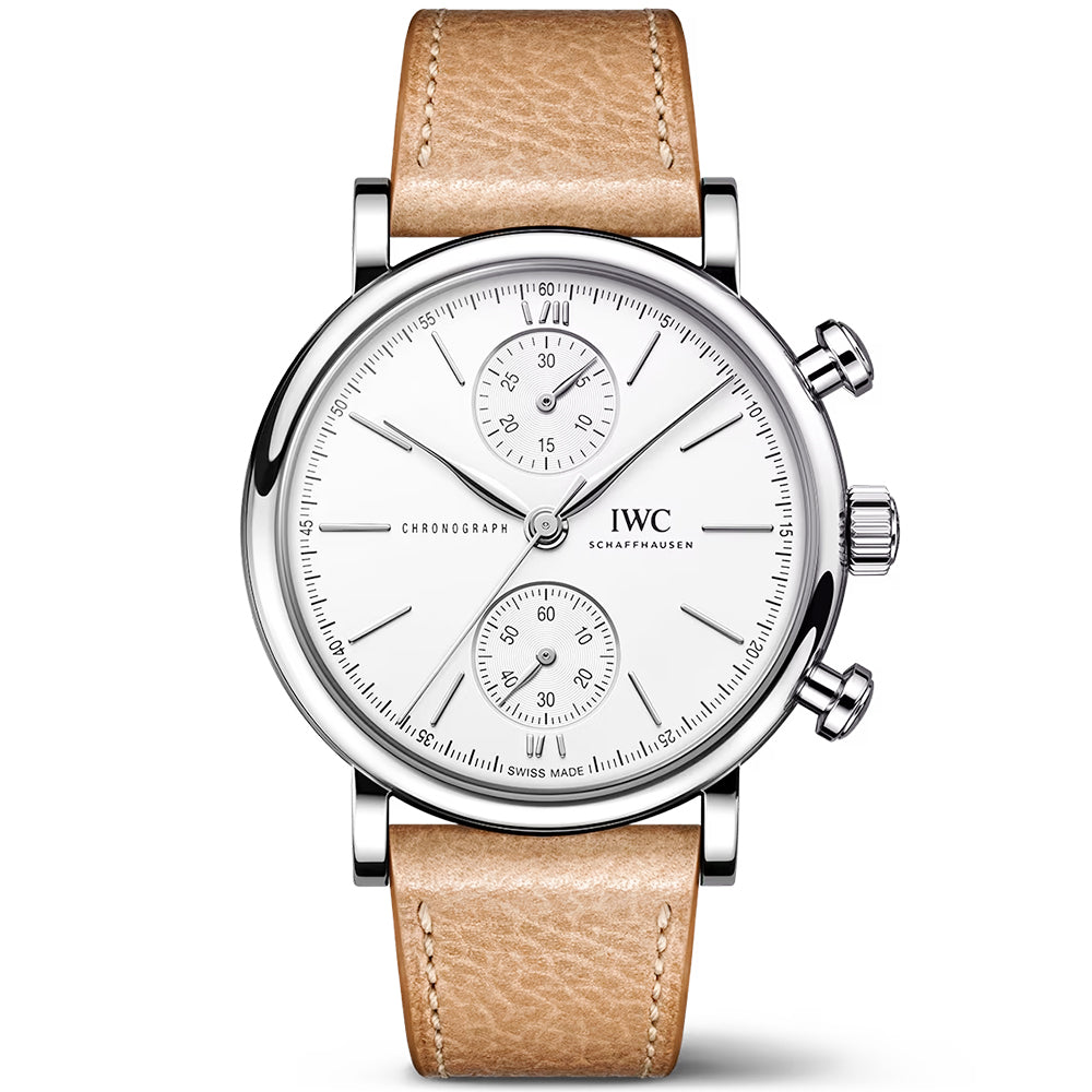 Portofino 39mm Silver Dial Chronograph Leather Strap Watch