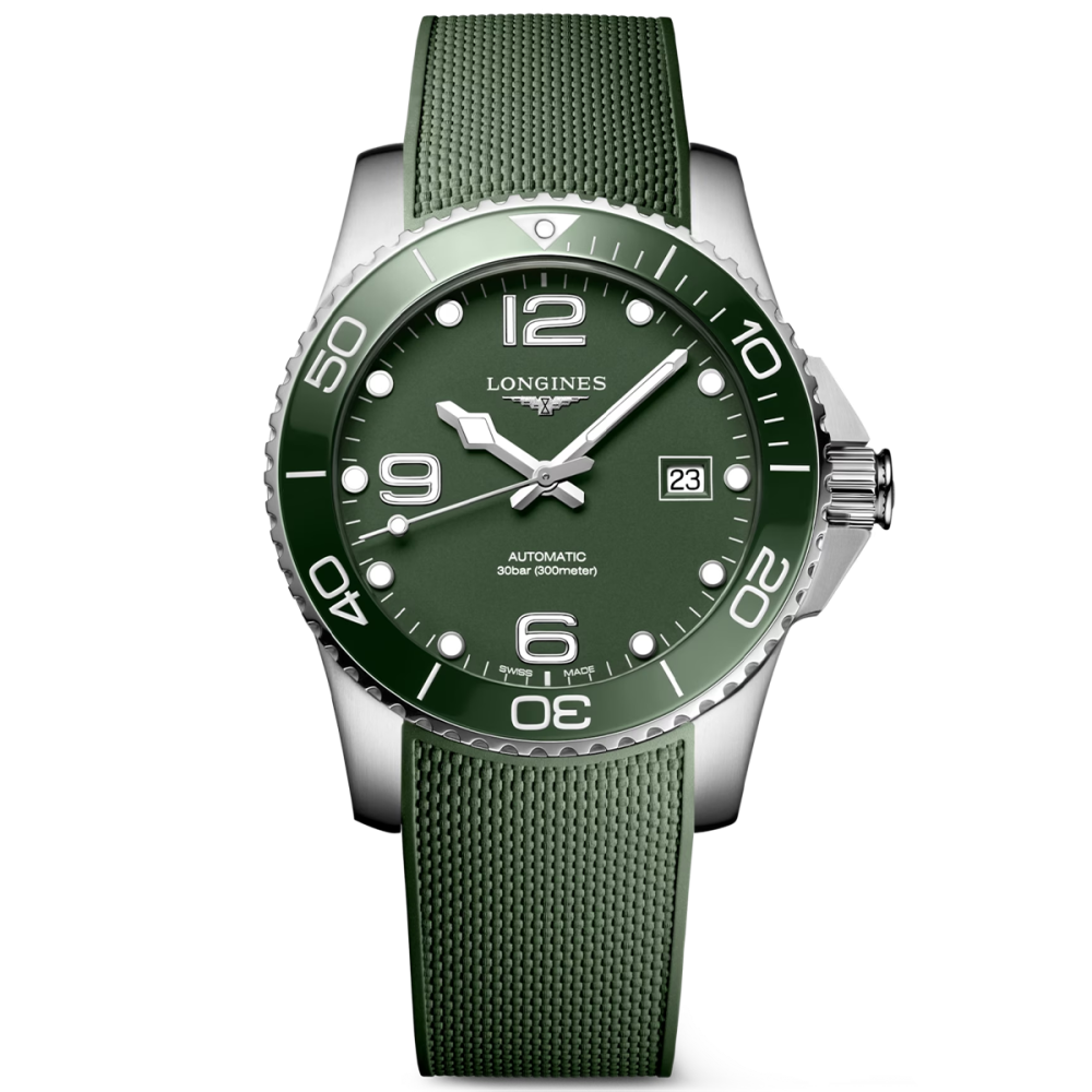 HydroConquest 41mm Green Dial & Ceramic Bezel Men's Rubber Strap Watch