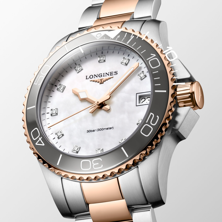 HydroConquest 32mm Two-Tone White Mother of Pearl Diamond Dial Watch