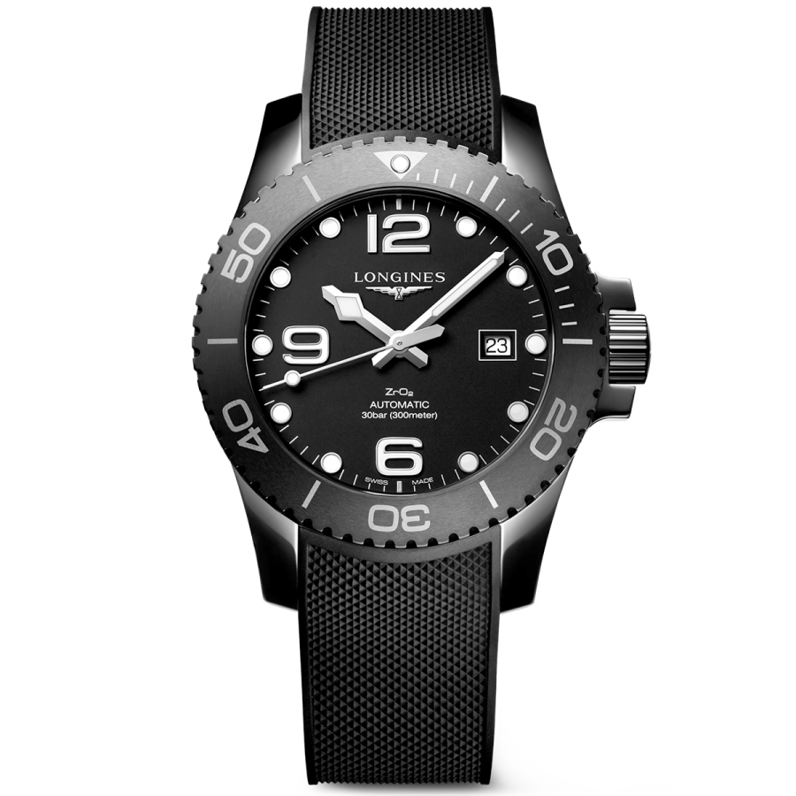 HydroConquest 43mm Black Ceramic Men's Rubber Strap Watch