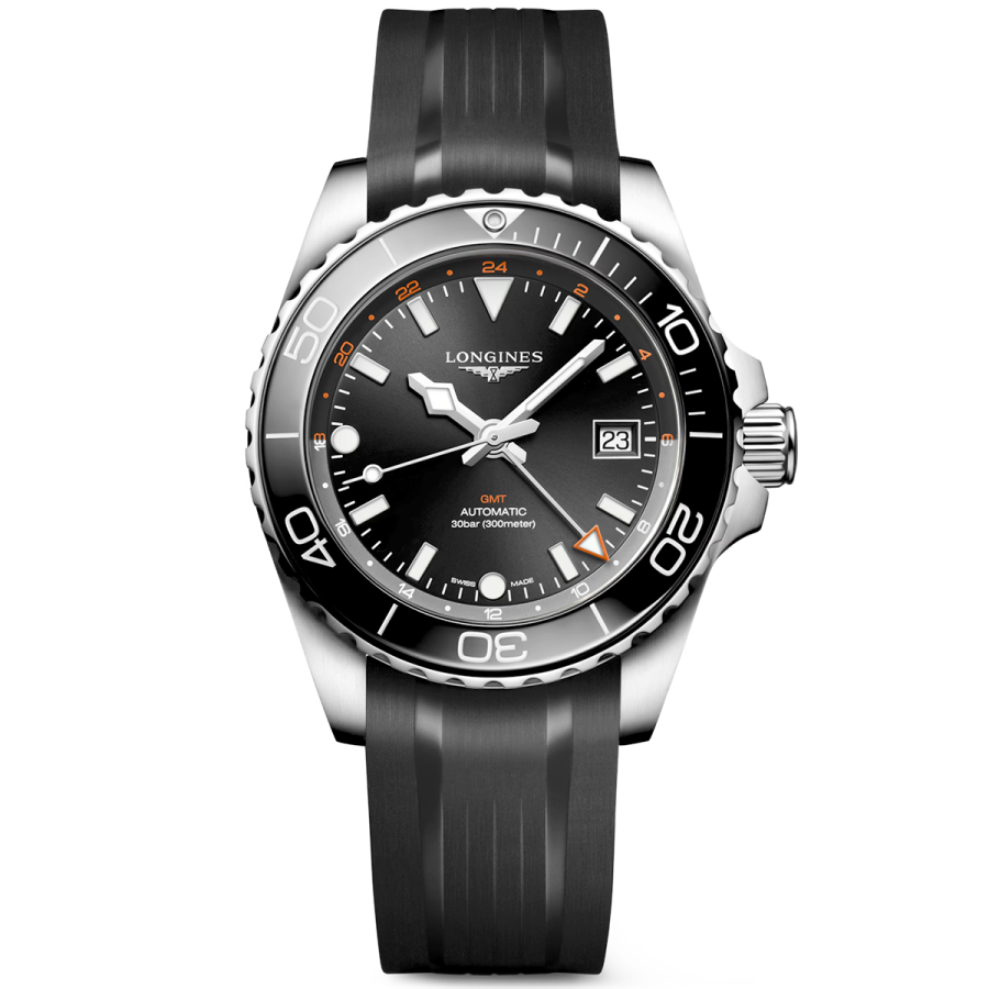 HydroConquest GMT 41mm Black Dial Men's Rubber Strap Watch