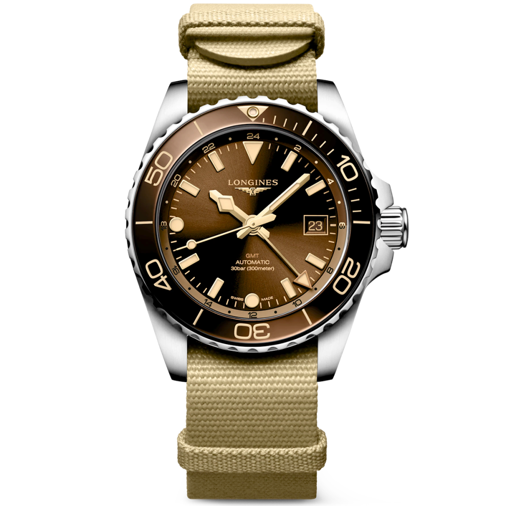 HydroConquest GMT 41mm Brown Dial Automatic NATO Strap Watch