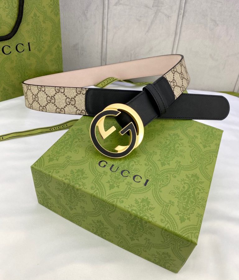 Gucci GG Supreme Belt With Interlocking G Buckle Beige/Ebony GG Supreme And Black For Women, Women Belt - Crozus